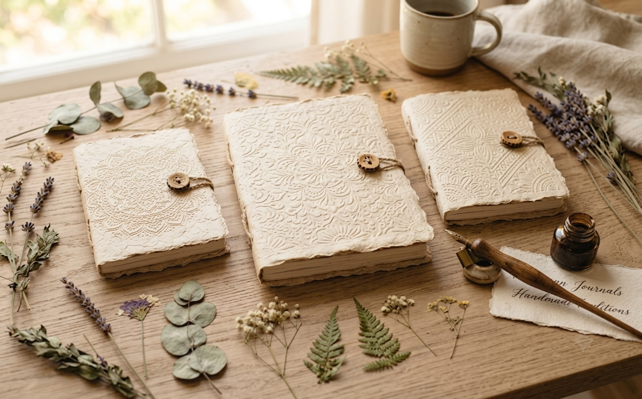 Handmade lokta paper journals with embossed covers and pressed flowers
