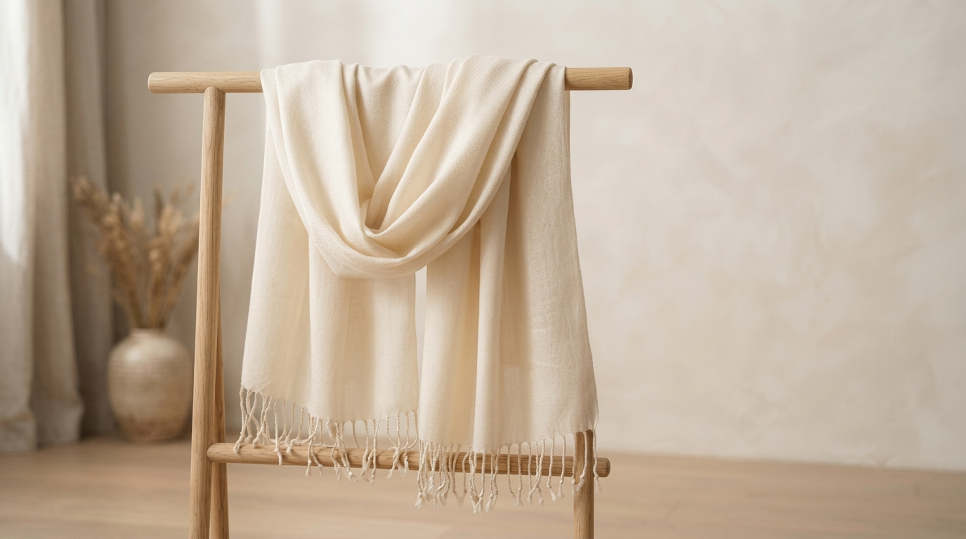 Handwoven cream pashmina shawl draped over a wooden rack