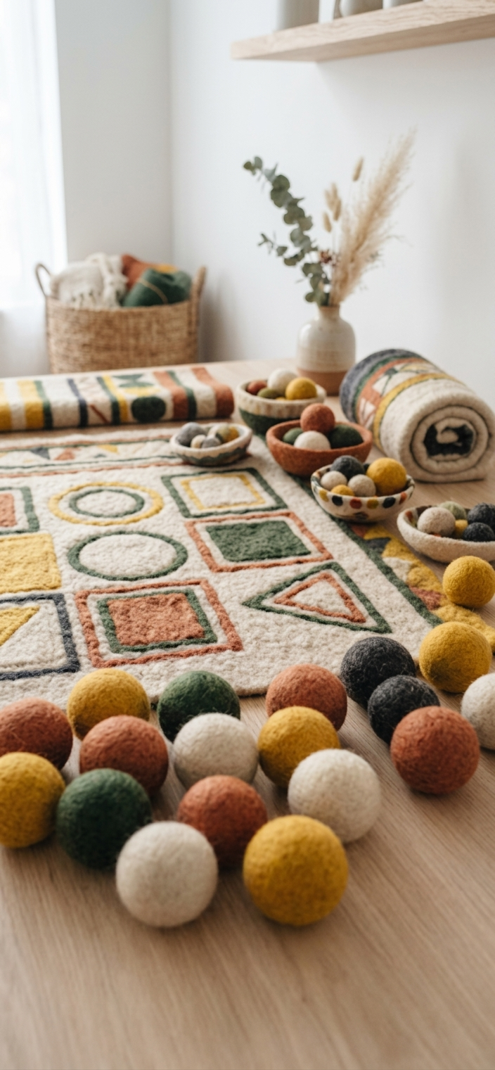 Handmade felt playmat surrounded by colorful wool felt balls